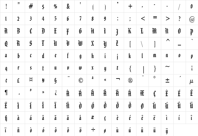 Gothic 32 Condensed Normal  glyph index