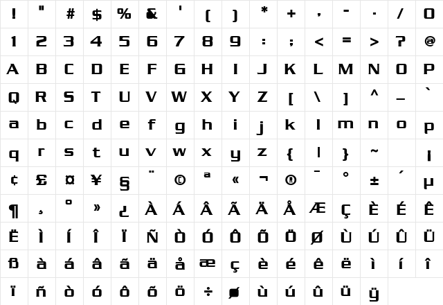 Chaney Bold  glyph index