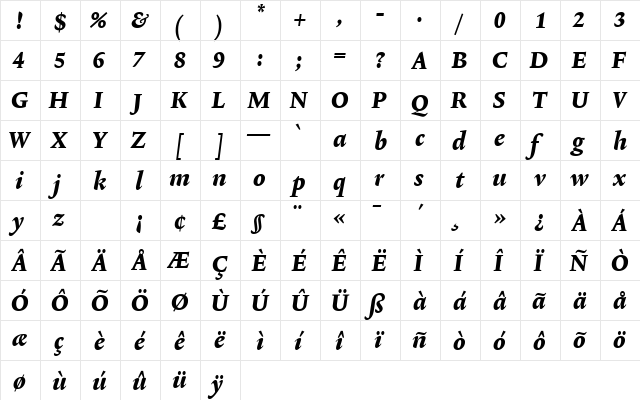 Lexicon No2 Italic E Tab  glyph index