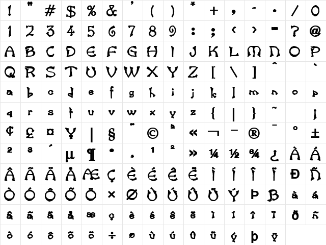 Bart Heavy Bold  glyph index