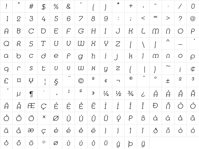 MediaSerifEF ExtraLightItalic  glyph index