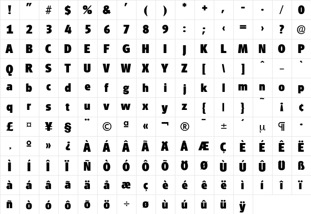 Glasgow-ExtraBold Regular  glyph index