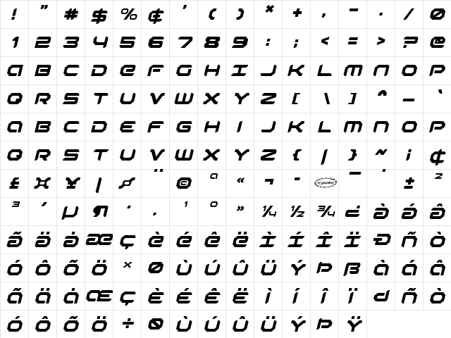 Robotaur Italic Italic  glyph index