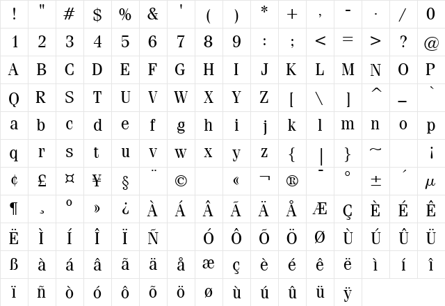 CompendiumBookSSK Regular  glyph index