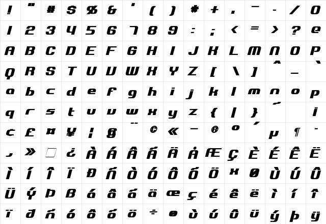 Explorien Bold Italic  glyph index