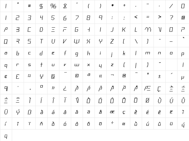 Hammer Oblique  glyph index
