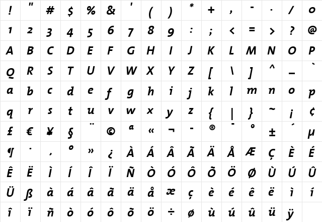 TheMix Bold Italic  glyph index