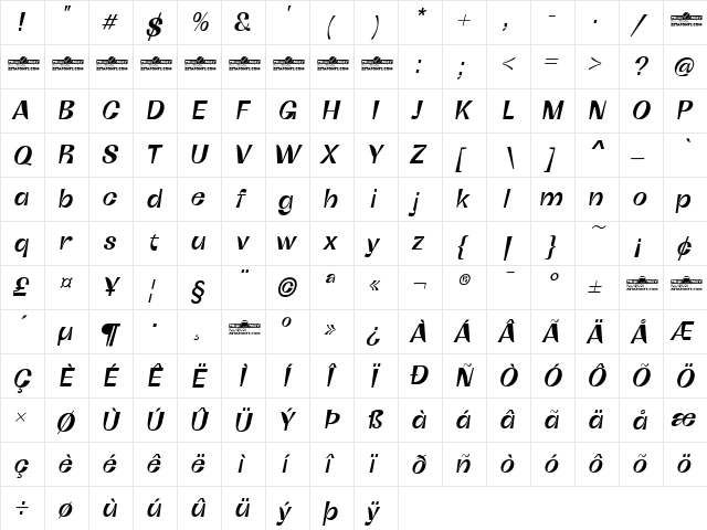 Boring Sans C Trial Medium Italic  glyph index