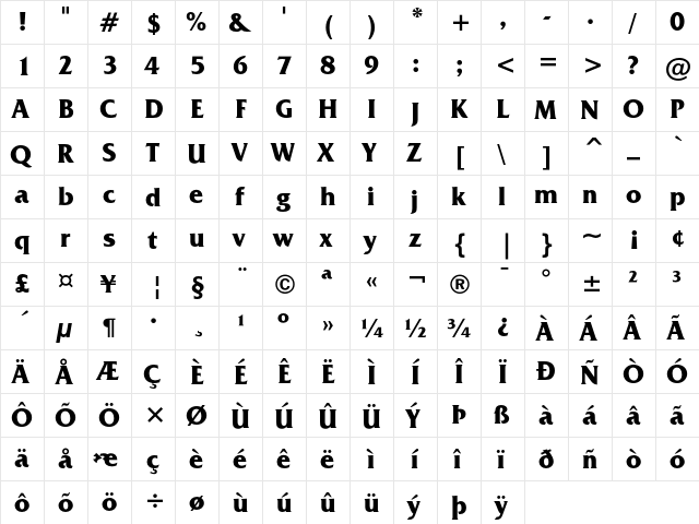 ITC Friz Quadrata Bold  glyph index