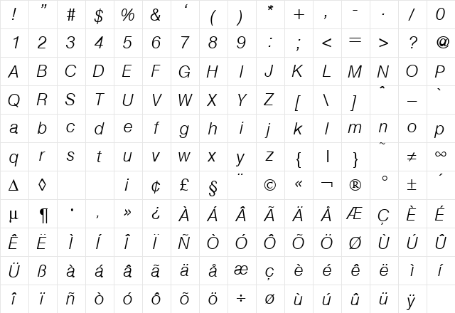 HegelLight RegularItalic  glyph index