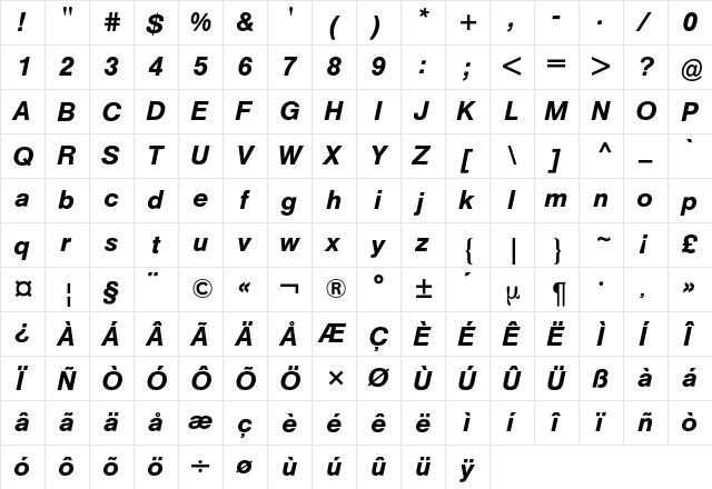 Helvetica BQ Regular  glyph index