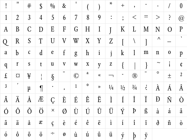 Garamond BE Condensed  glyph index
