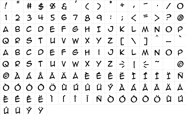 Anime Ace 2.0 BB Regular  glyph index