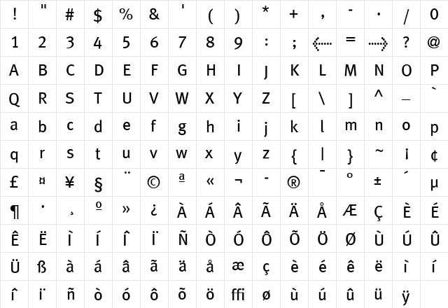 MetaPlusLining Book  glyph index