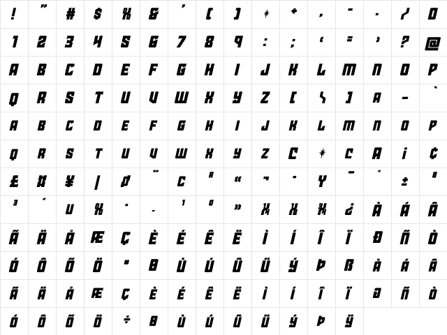 Star Guard Italic Italic  glyph index