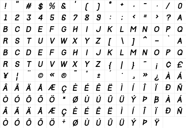 Track Italic  glyph index
