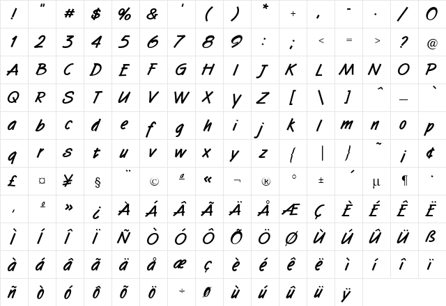 Tomboy Bold  glyph index