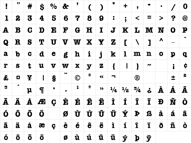 Teeny 1 Bold  glyph index