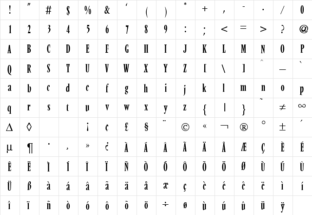 VendomeCondTwo Regular  glyph index