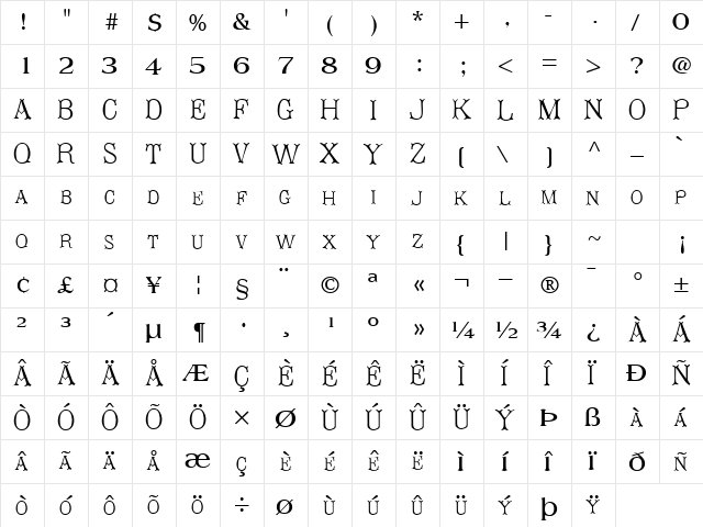 Small Regular  glyph index