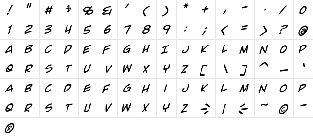 Comic Geek Italic  glyph index