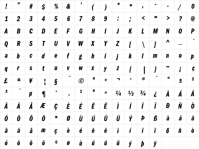 ITC Franklin Gothic Demi Compressed Italic  glyph index