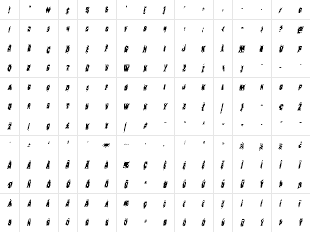 Leatherface Academy Italic Italic  glyph index