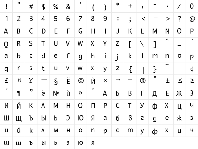 Montana Normal  glyph index