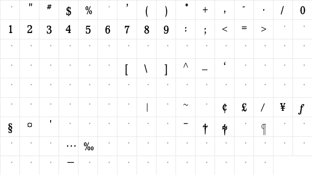 WaverlyBoldCondensedTab Regular  glyph index