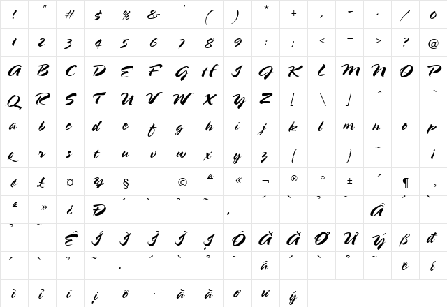 HL Brush 2BK Regular  glyph index