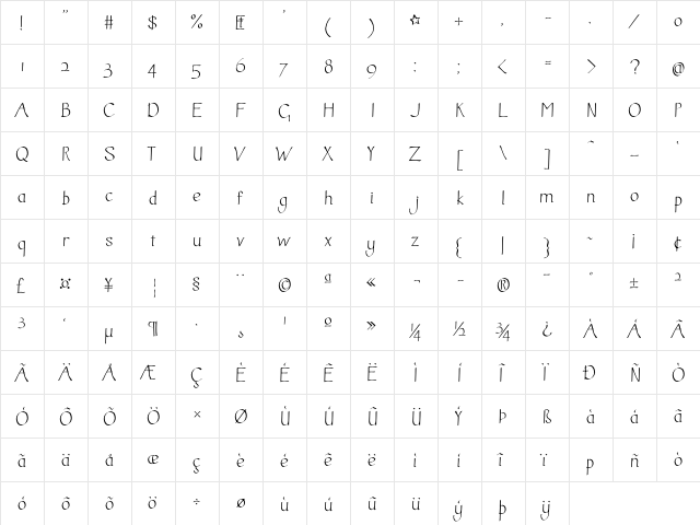 Inkcalig Light  glyph index