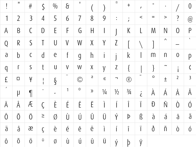 DaxCondensed Light  glyph index