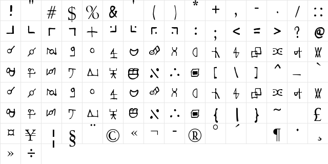 Leviathan Regular  glyph index