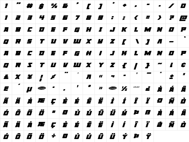 Liberty Legion Expanded Italic Expanded Italic  glyph index