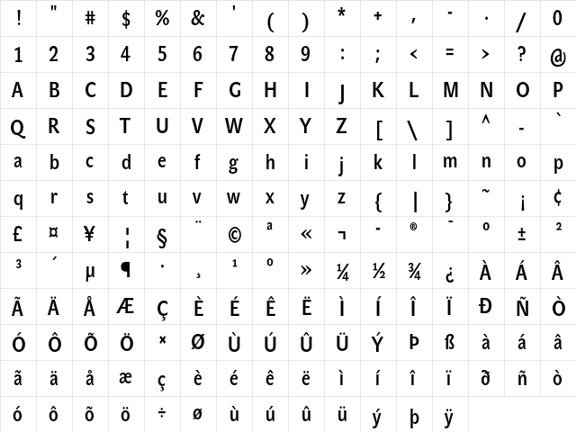 JohnSansCond Med Pro Regular  glyph index