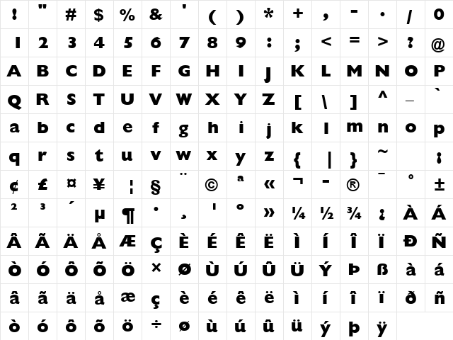 GillSans ExtraBold Regular  glyph index