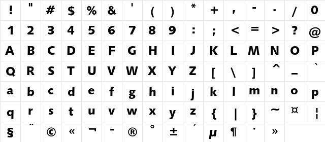Humanist531C Black BT Regular  glyph index