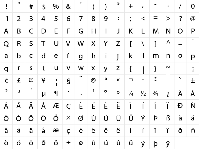 Myriad Web Regular  glyph index