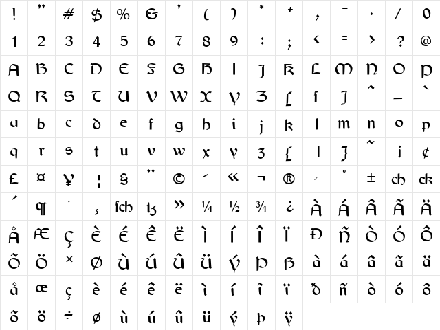 Bretagne Gaelic Regular  glyph index