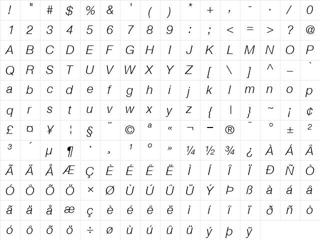 HelveticaNeue LightItalic  glyph index