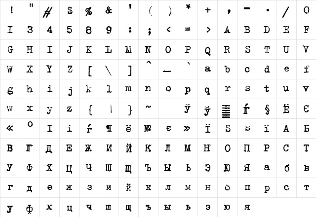 B52 Regular  glyph index