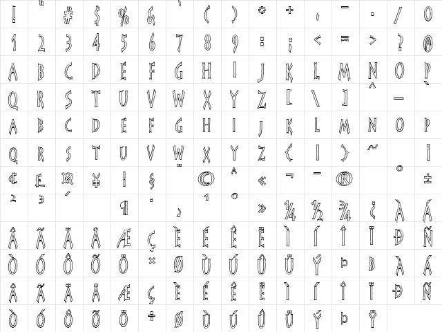 FrankenDork Hollow Regular  glyph index