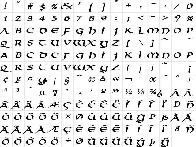 Valhalla Wide BoldItalic  glyph index