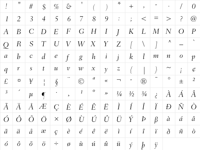 Fairfield LH 46 Light Italic  glyph index