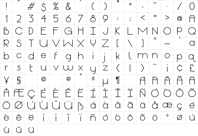 Origin Regular  glyph index