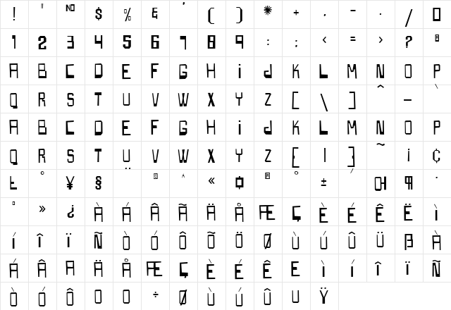 Boxspring Regular  glyph index