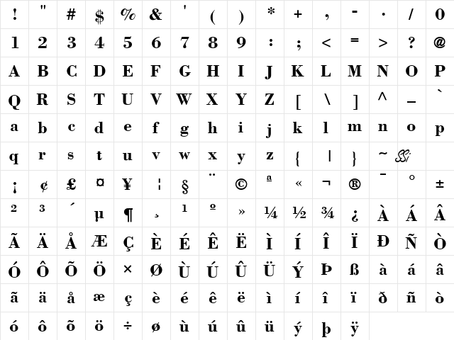 Bodoni SSi Bold  glyph index