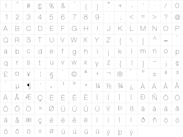 HelveticaNeue Regular  glyph index