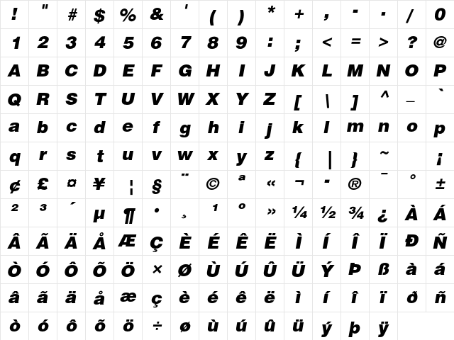 Helvetica LT Std Black Oblique  glyph index