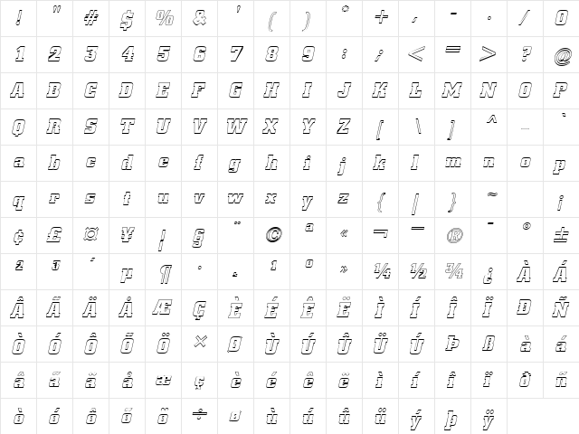 Borghs-Hollow Italic  glyph index